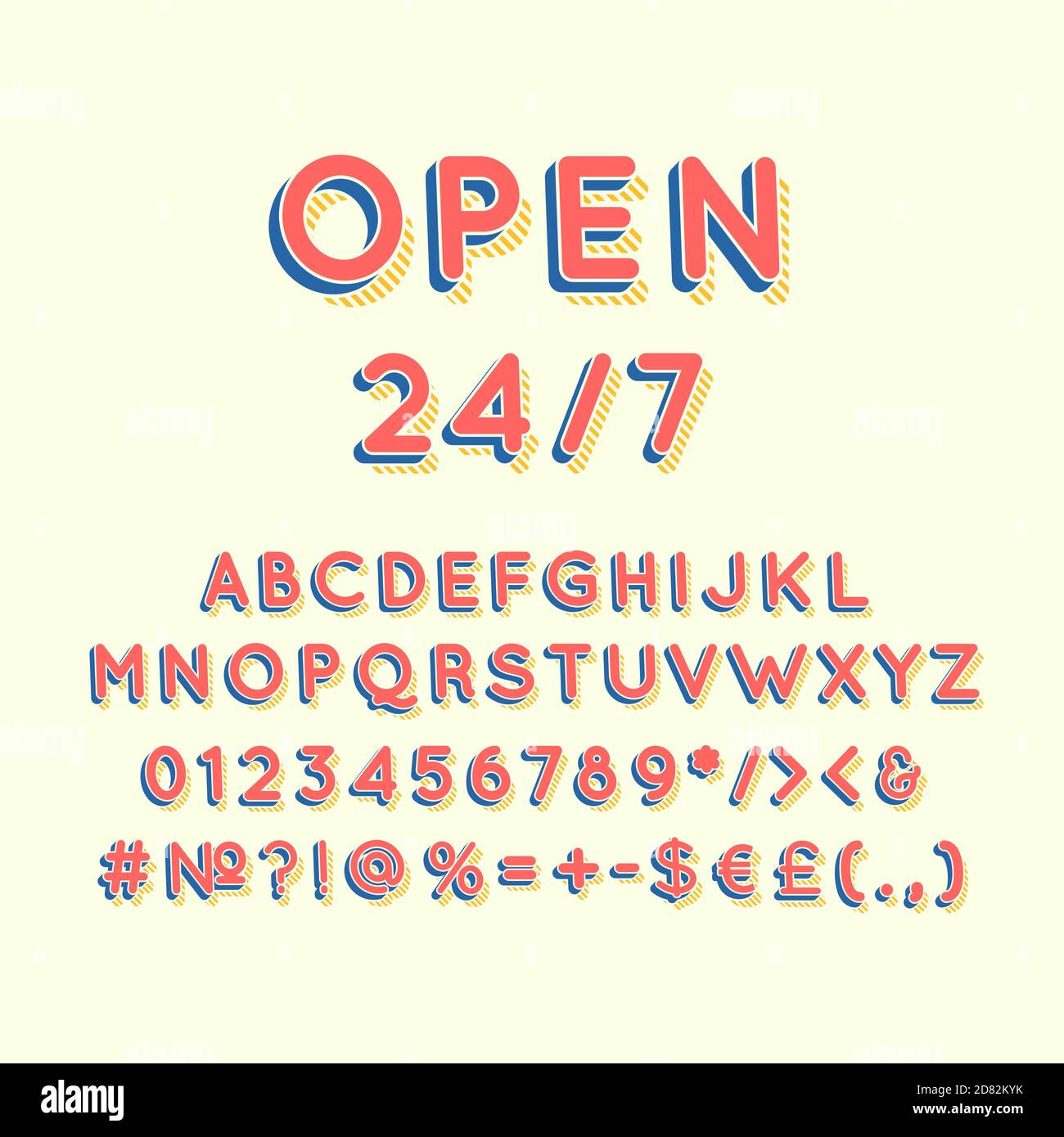 Open 24 7 header vintage 3d vector alphabet set Stock Vector