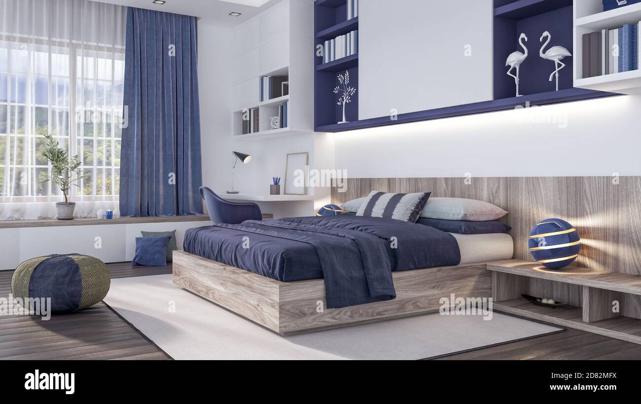 Modern bedroom interior design with blue elements 3d Render 3d ...
