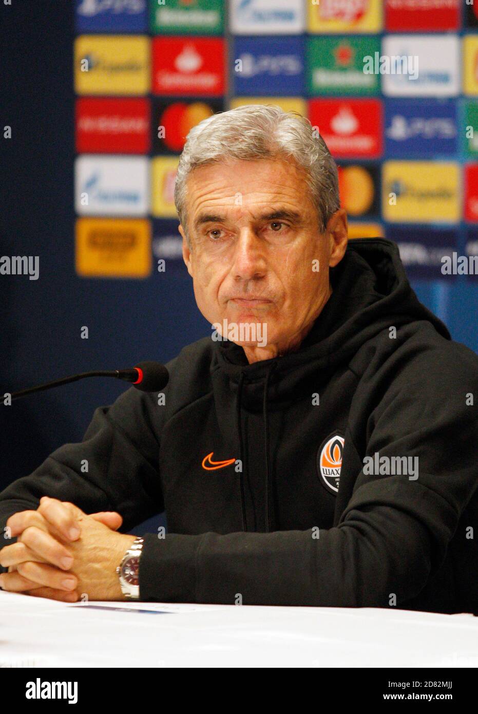 Shakhtar head coach Luis Castro speak during a press conferenceFC Shakhtar Donetsk will face Inter Milan during the UEFA Champions’ League group B football match in Kiev. Stock Photo