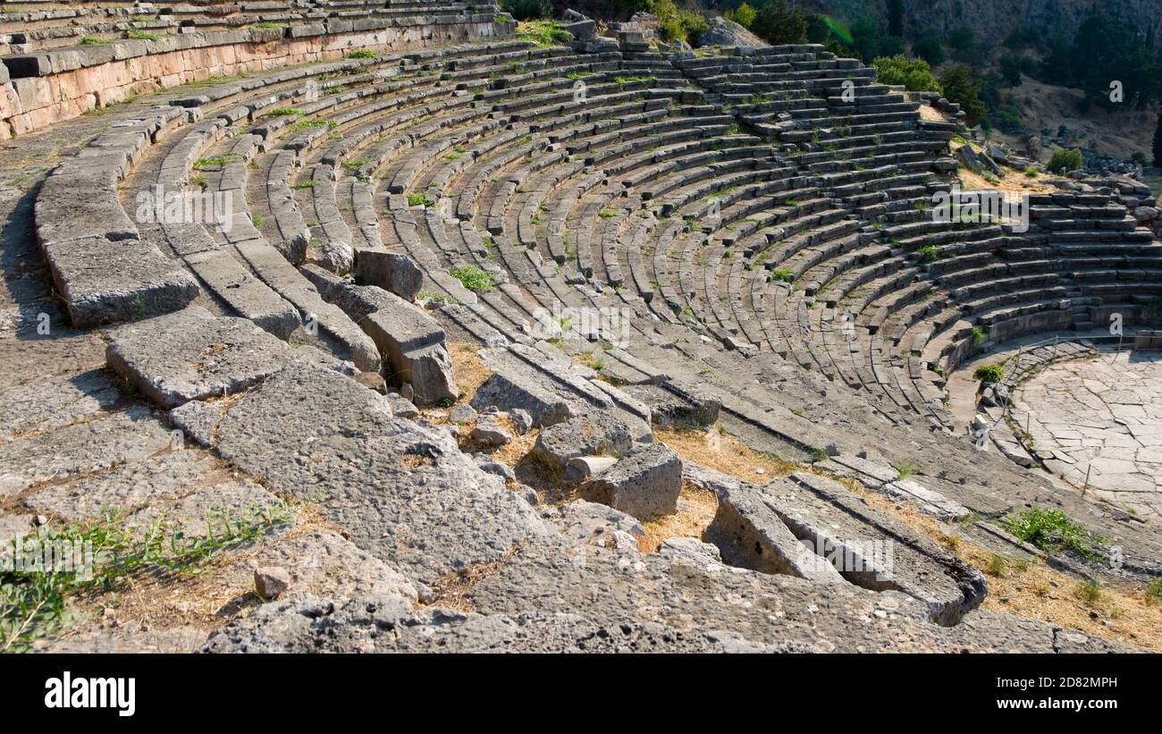 Audience Seats in a Greek Theatre in oracle Delphi Stock Photo