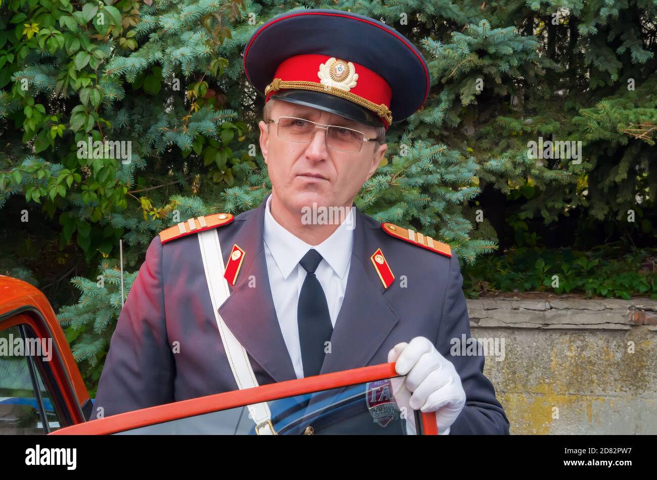 Dnipro, Ukraine - October 05, 2013: Man in retro uniform of Soviet police officer with the rank of sergeant Stock Photo