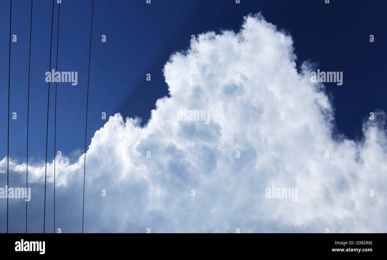 Interesting alternative creative view looking up through power lines to white fluffy clouds building up into a tropical thunder storm. Intense deep bl Stock Photo