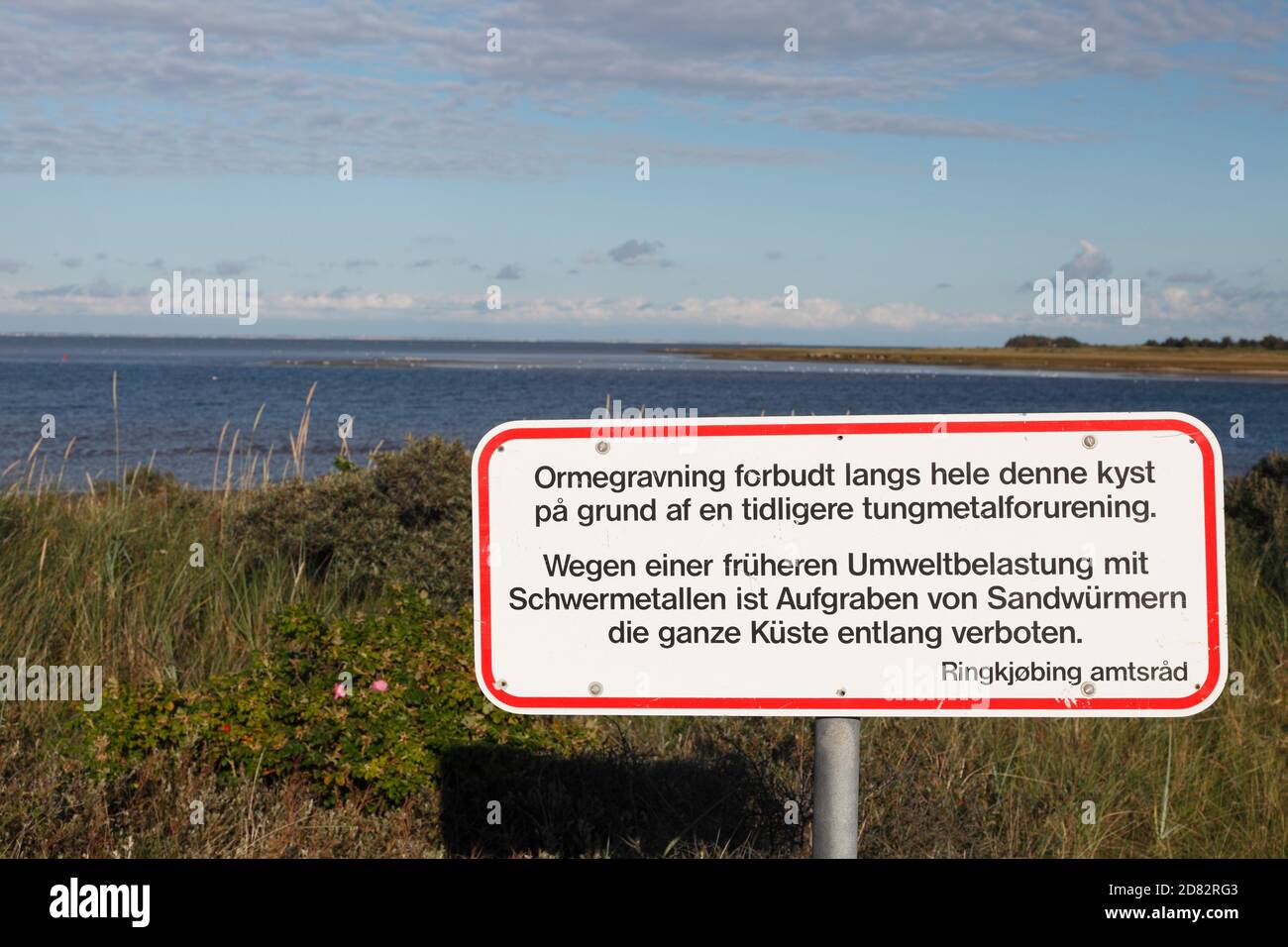 warning sign against the heavy metals in sandworms along the Danish coast in Harboøre, FMC Thyborøn Region, Midtjylland, Ringkobing, Denmark Stock Photo