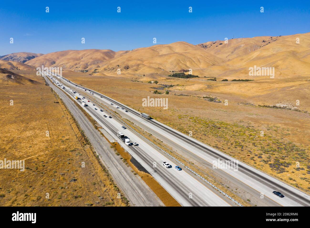 Aerial view of interstate 5 passing the golden hills at Tejon Pass in Gorman, along the San Andreas Fault, California Stock Photo