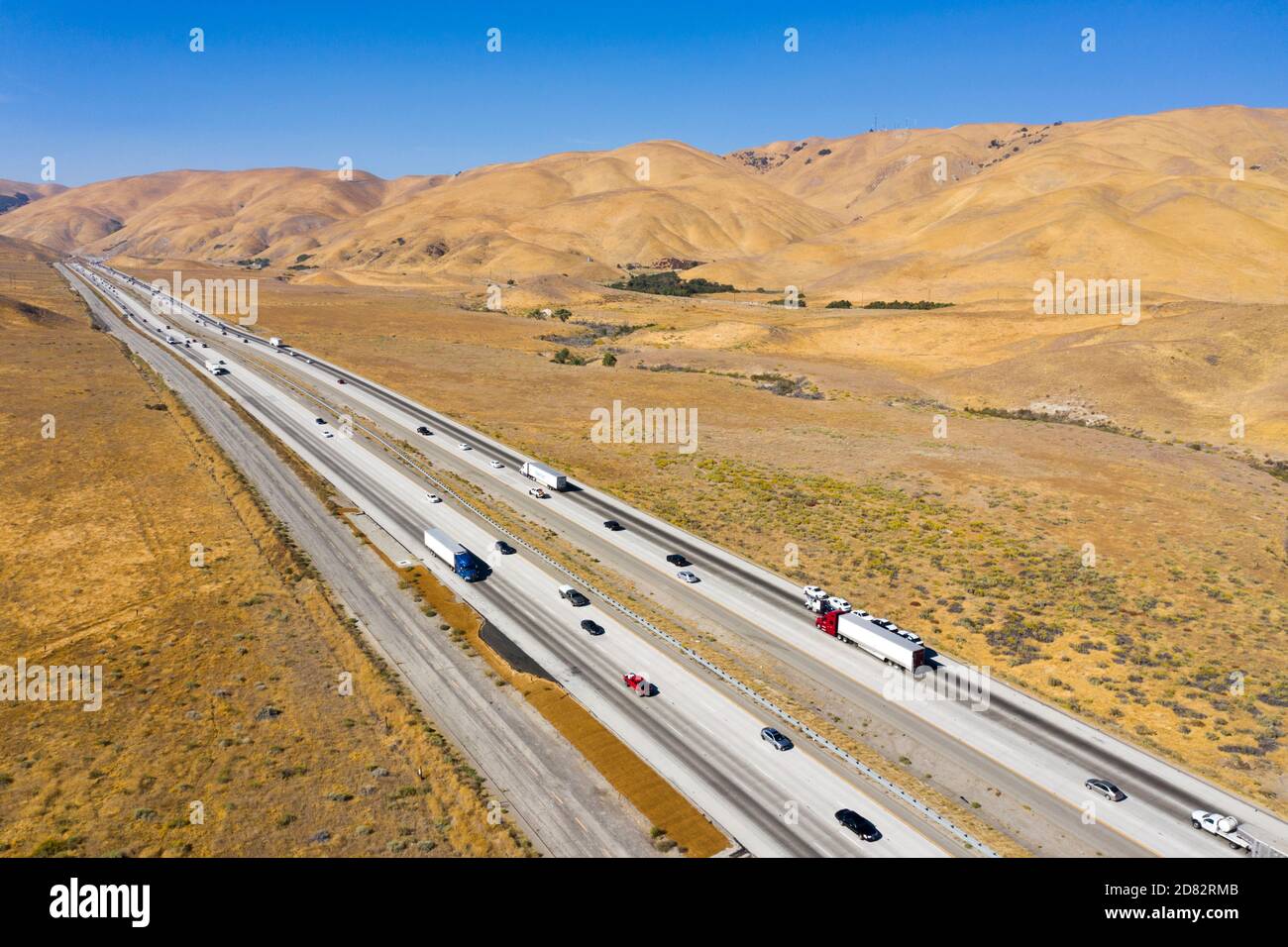 Aerial view of interstate 5 passing the golden hills at Tejon Pass in Gorman, along the San Andreas Fault, California Stock Photo