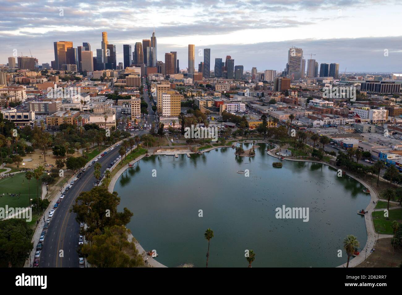 Aerial view over MacArthur Park lake near downtown Los Angeles, California Stock Photo