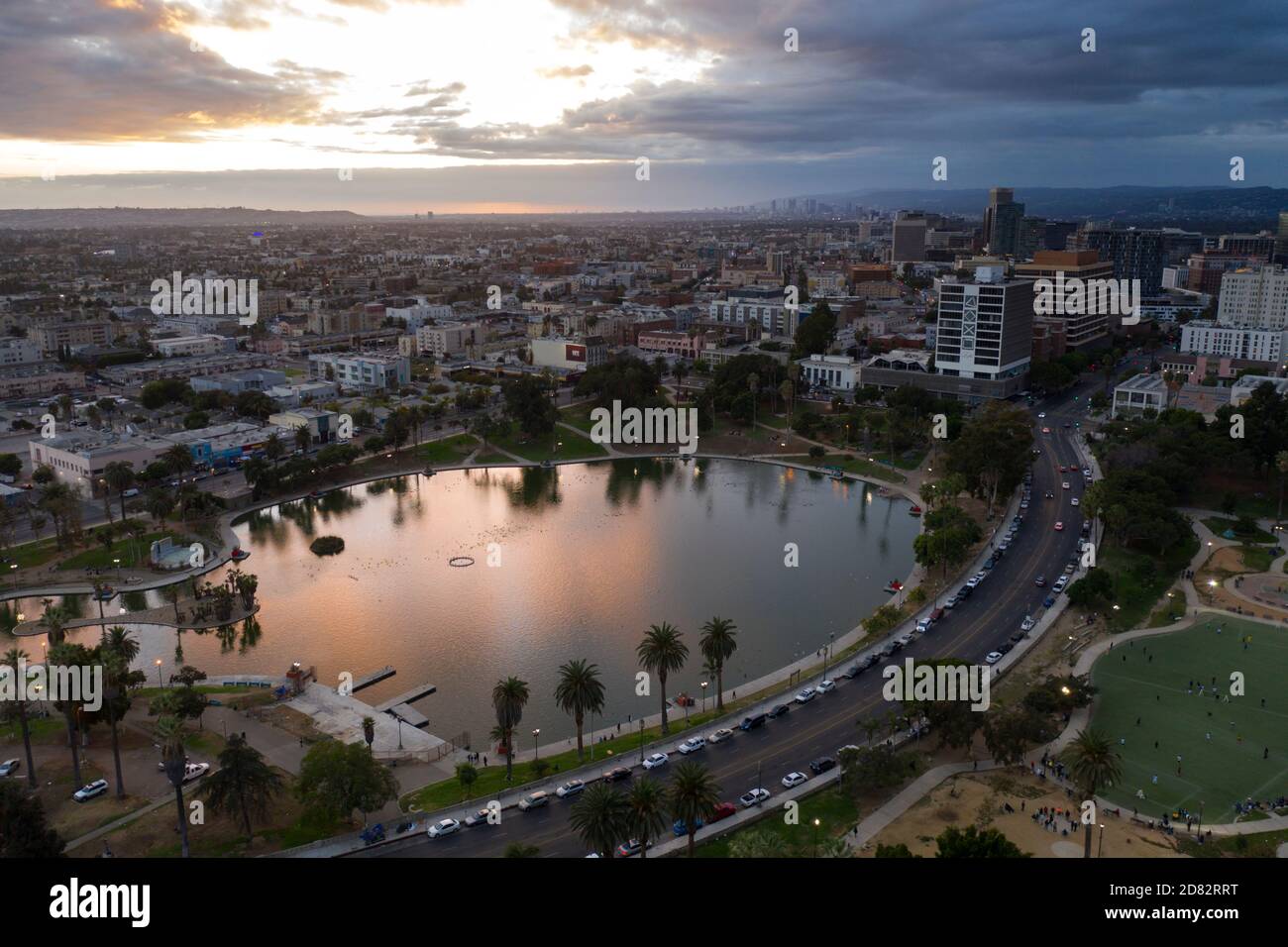 Aerial view over MacArthur Park lake near downtown Los Angeles, California Stock Photo
