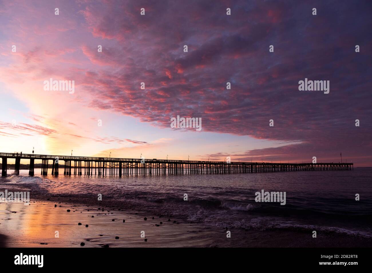 Ventura Pier at sunrise over the Pacific Ocean, California Stock Photo
