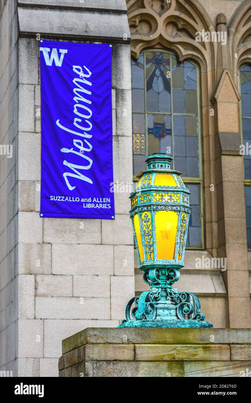 Gothic lanterns and welcome banners are hung in the Suzzallo and Allen Libraries buildings at the University of Washington on the main campus, WA-USA Stock Photo