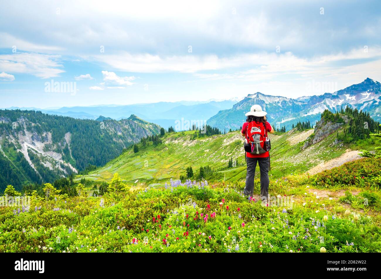 Female hiker taking photos and enjoying the view of Mount Rainier near Majama Ridge in Washington, USA Stock Photo