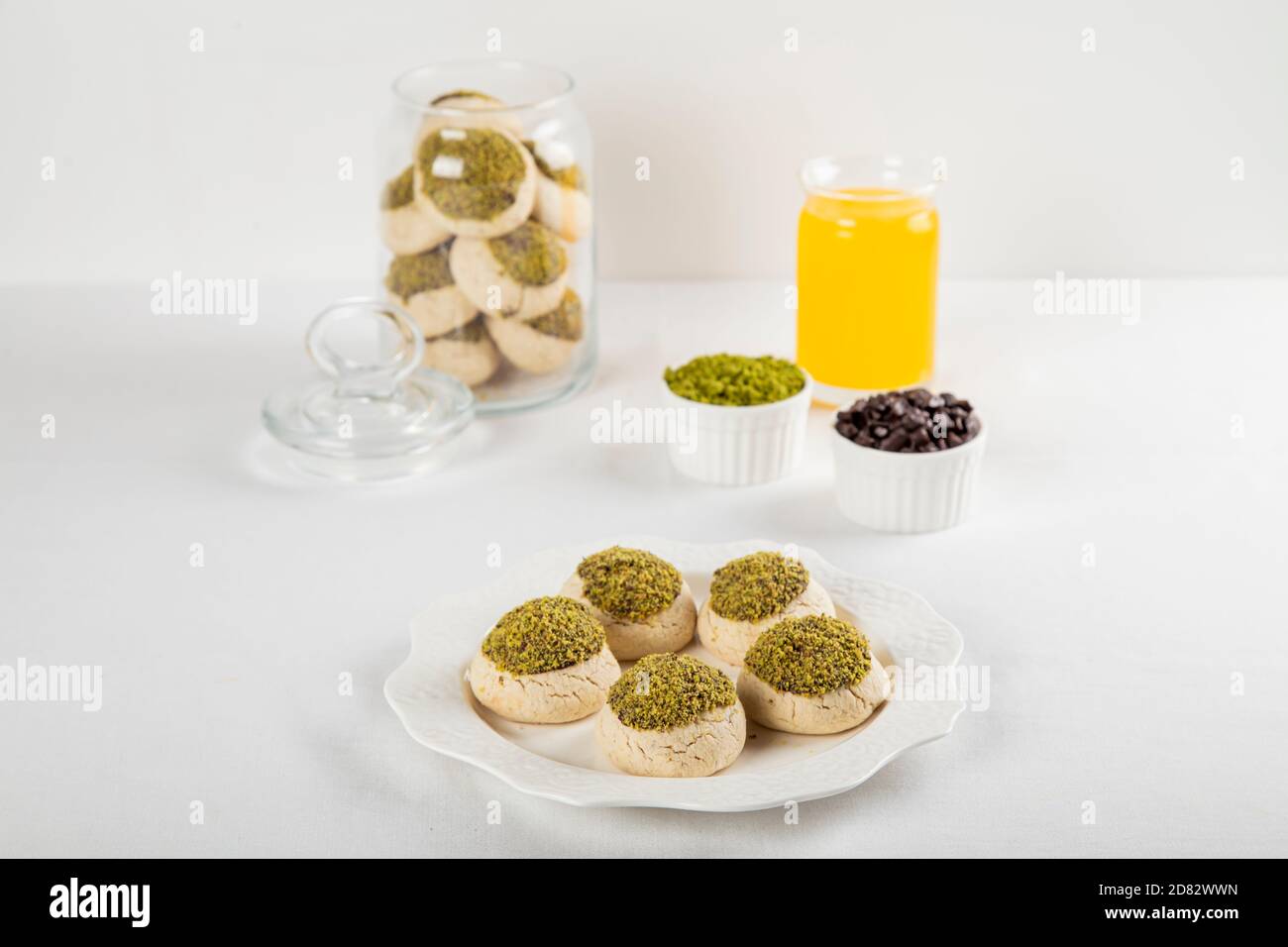 Gluten-free Chocolate Pistachio Cookies on a White Background. Stock Photo