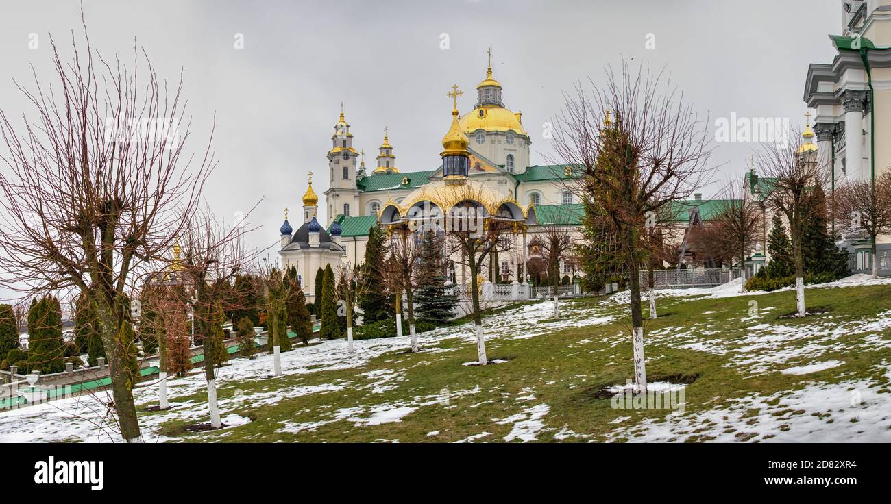 Pochaev, Ukraine 01.04.2020.  Holy Dormition Pochaev Lavra in Pochaiv, Ukraine, on a gloomy winter morning before Orthodox christmas Stock Photo