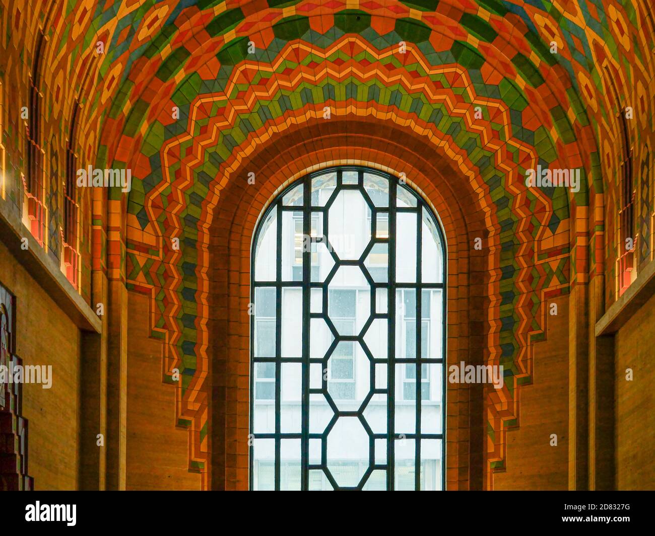 Barrel vaulted ceiling and ached window in the Interior of the art-deco Guardian Building in Detroit, Michigan Stock Photo