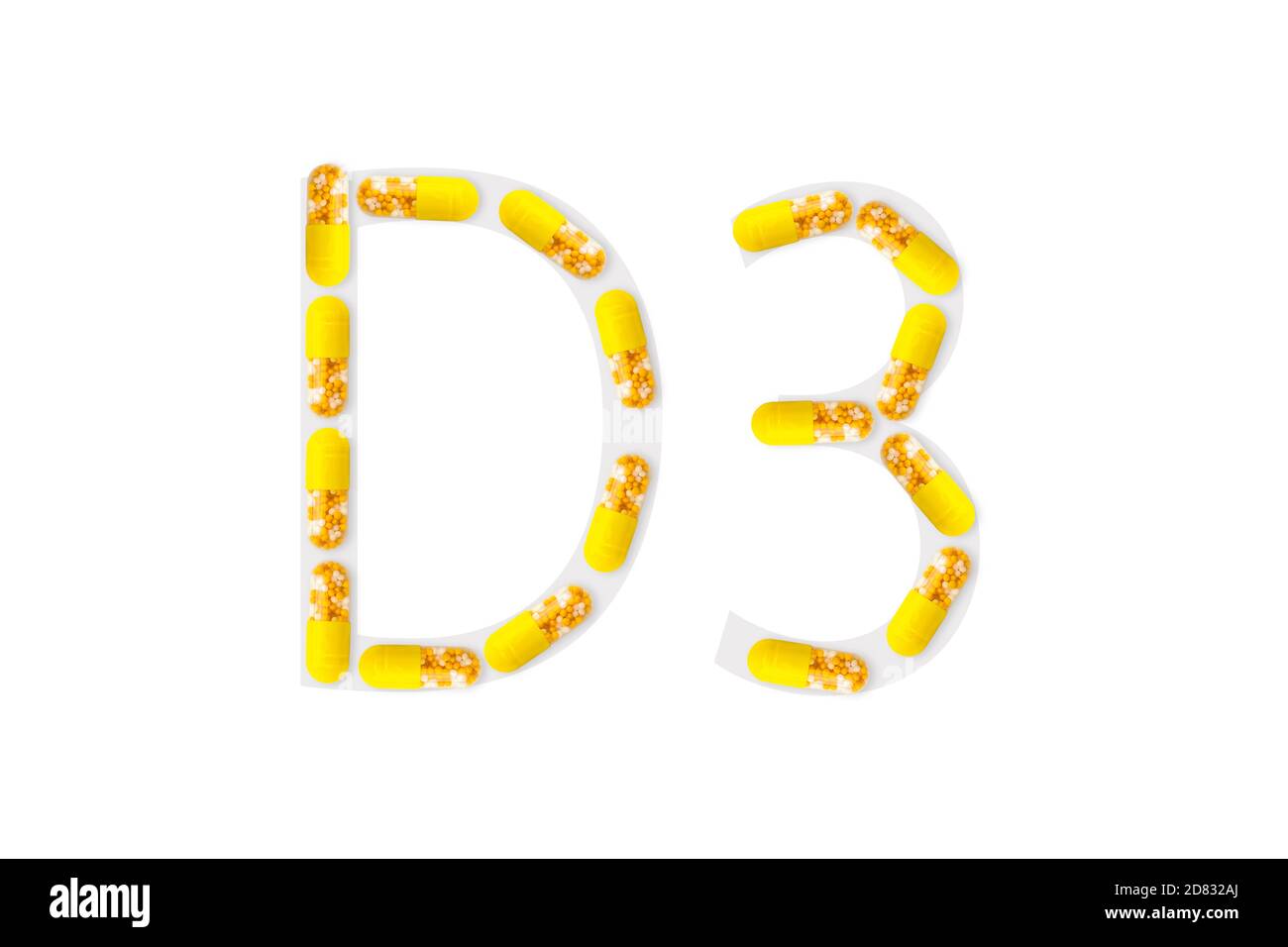 Bright yellow capsules forming shape D3 on white background, Vitamin D3 dietary supplement Stock Photo