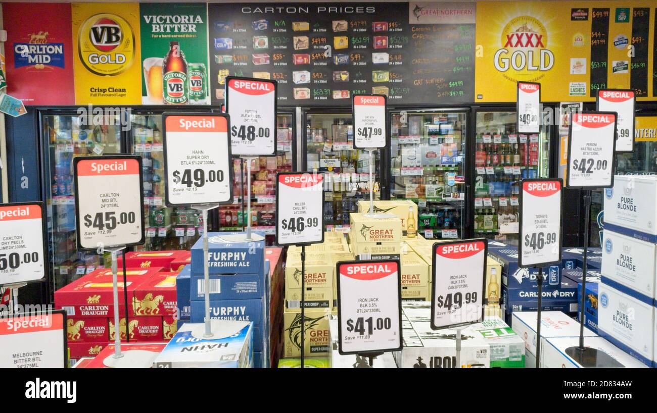 Display of special beers in an Australian liquor store Stock Photo