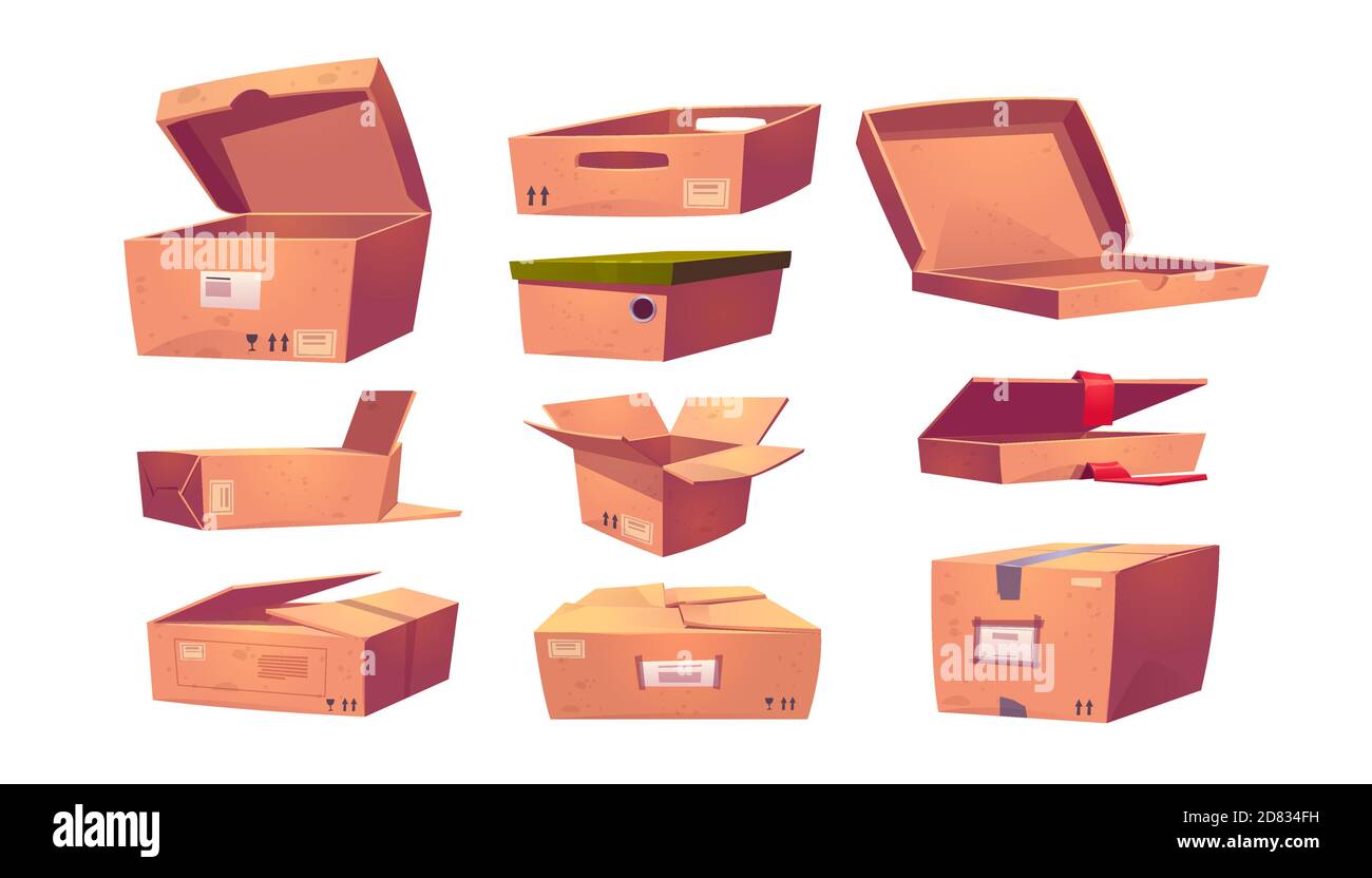 Empty cardboard boxes different shapes isolated on white background