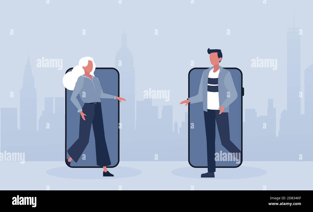 Vector of a young woman and a man walking out of their smart phones to meet in real life Stock Vector
