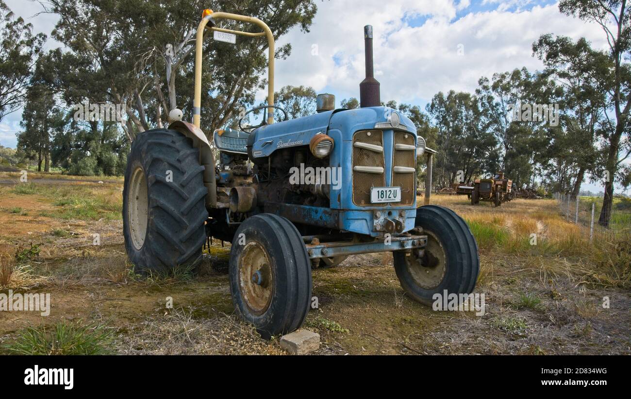 Corowa, New South Wales / Australia - September 26 2020: Fordson Super Major tractor parked in paddock near Corowa Stock Photo