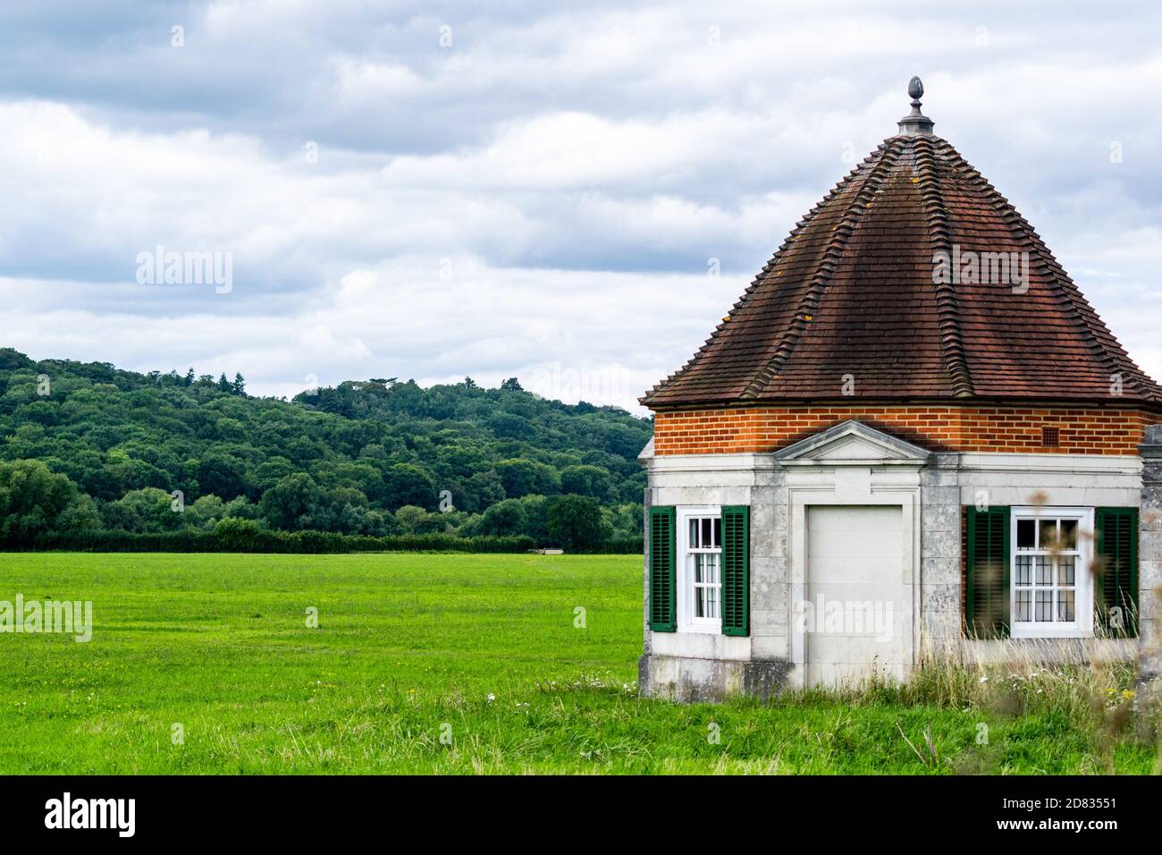 Windsor, United Kingdom - 28 July 2020: One of the Pair of Lutyens Kiosks on the Runnymede meadow, historic building commissioned by Lady Fairhaven Stock Photo