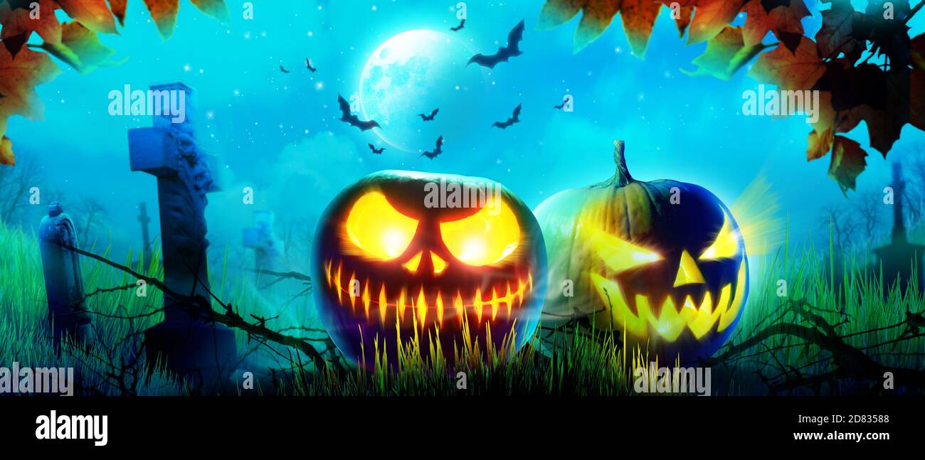 Halloween background with pumpkin in a spooky night Stock Photo - Alamy