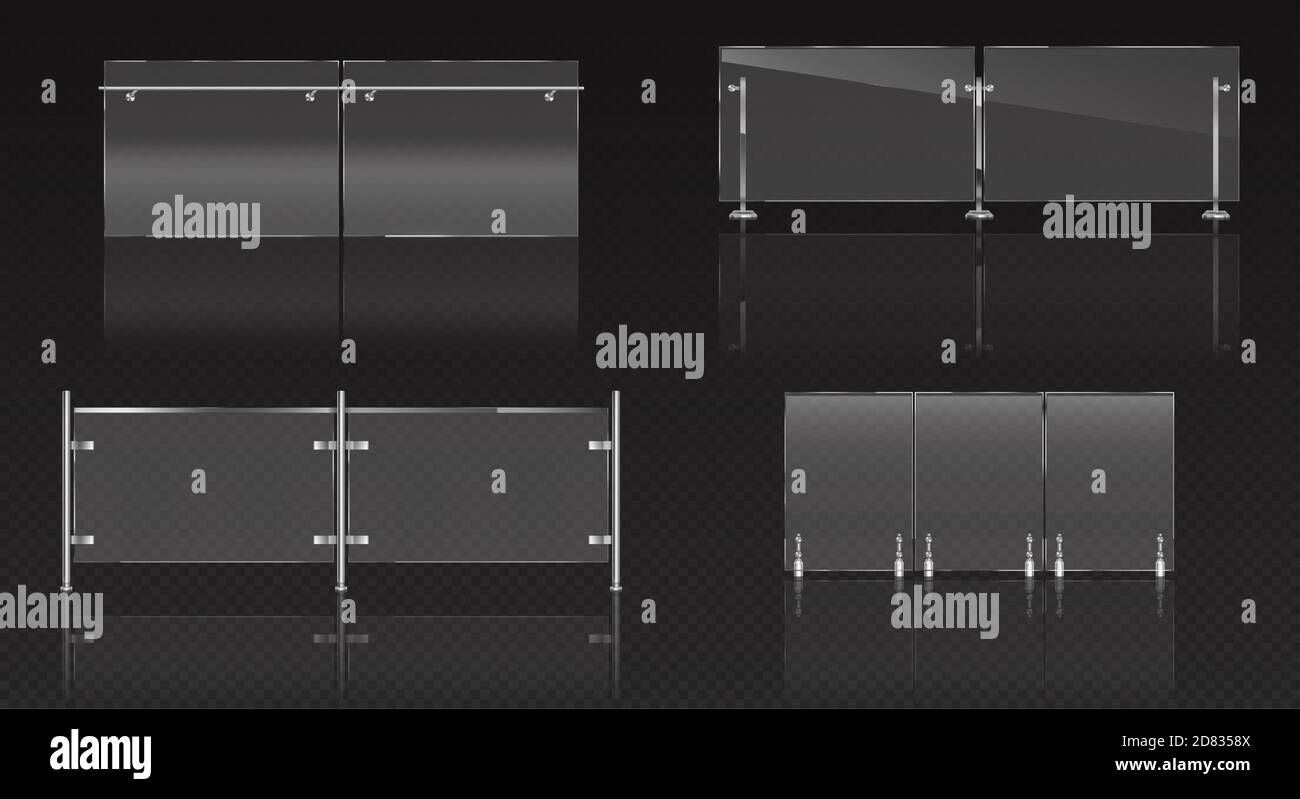 Glass fence section, plexiglass balustrade with metal railing and transparent sheets for pool, home stairways or house balcony. Acrylic banisters or fencing barrier with steel pillars realistic 3d set Stock Vector