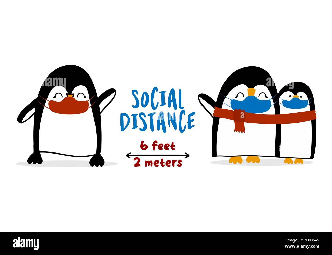 Social Distancing 6 feet away with three Penguins - Awareness lettering phrase. Stop Covid-19 poster with text for self quarantine times. Hand letter Stock Vector