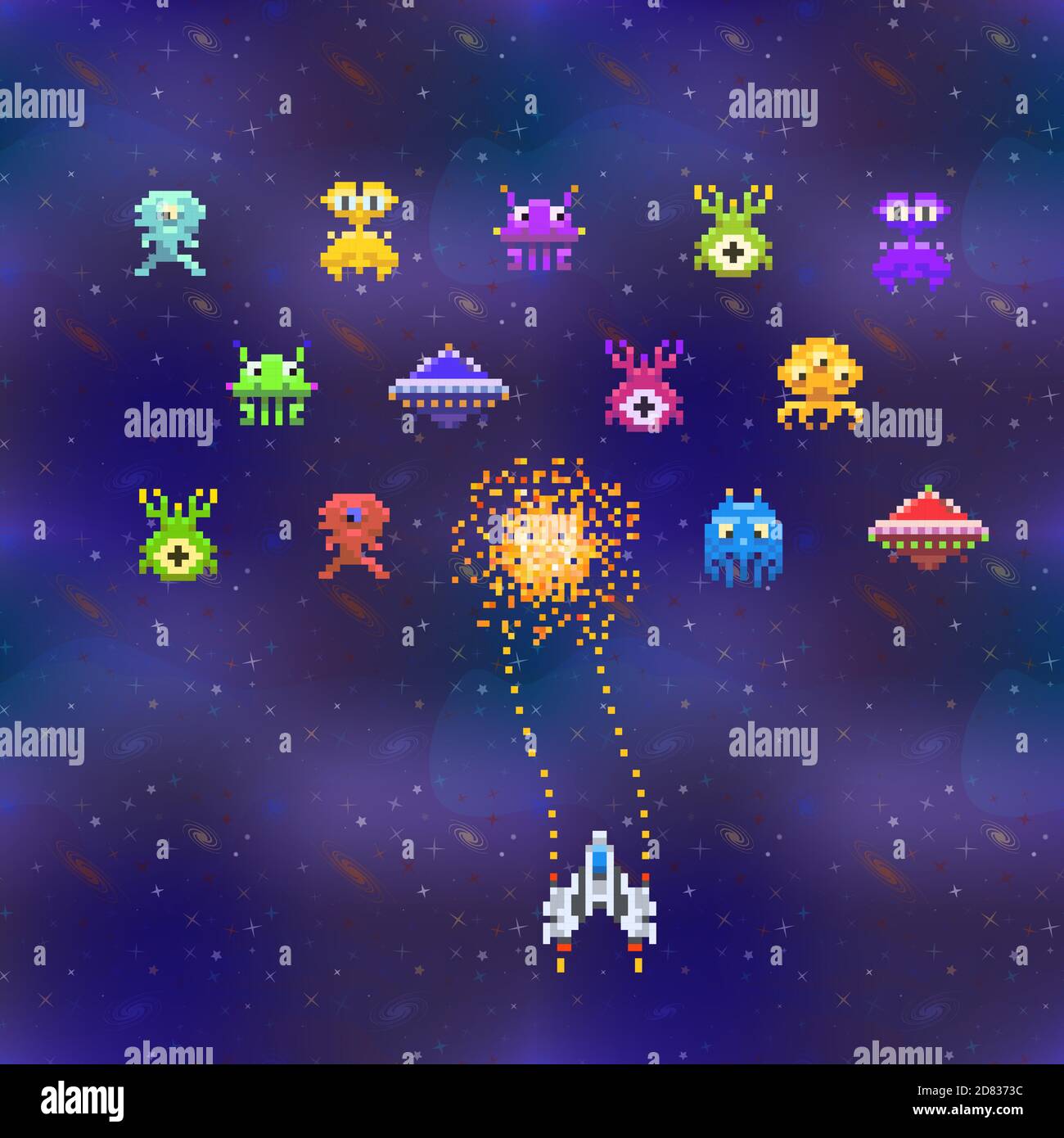 Cute space invaders in pixel art style on deep space background, vintage gamescreen Stock Vector