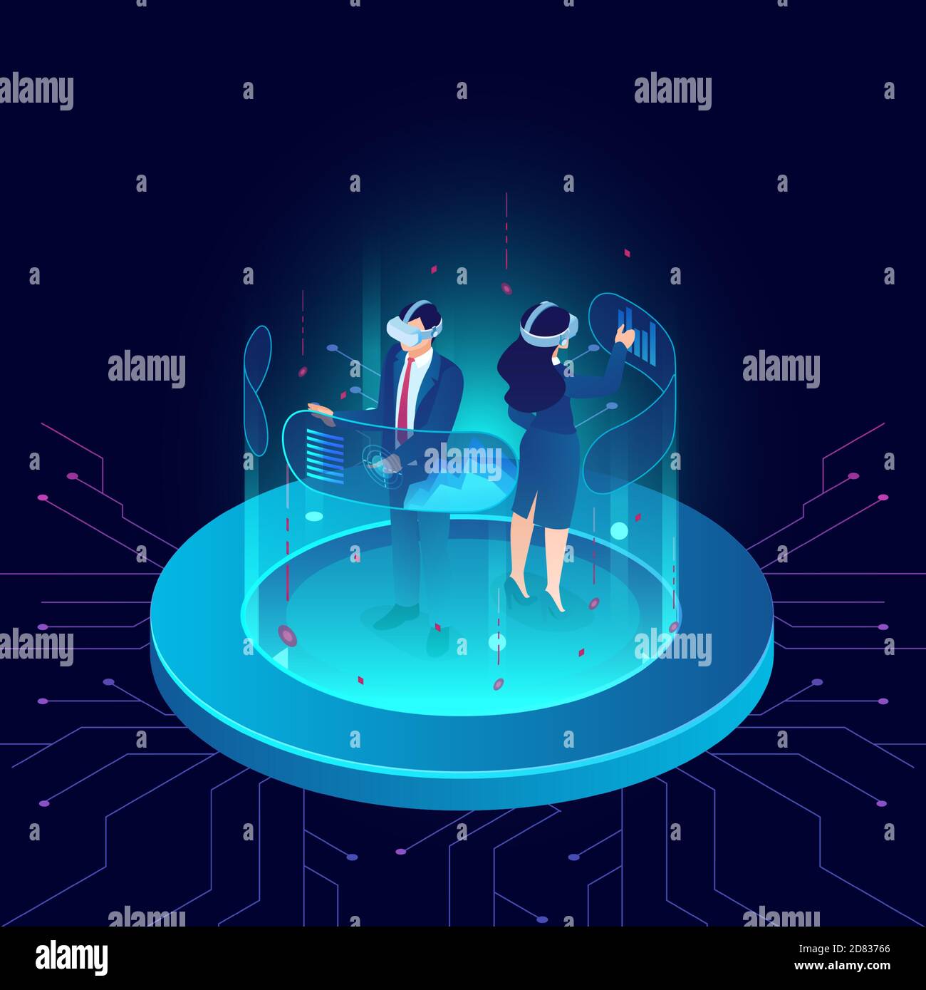 Vector of a man and woman wearing goggle VR headset interacting with touch interface of virtual reality technology Stock Vector
