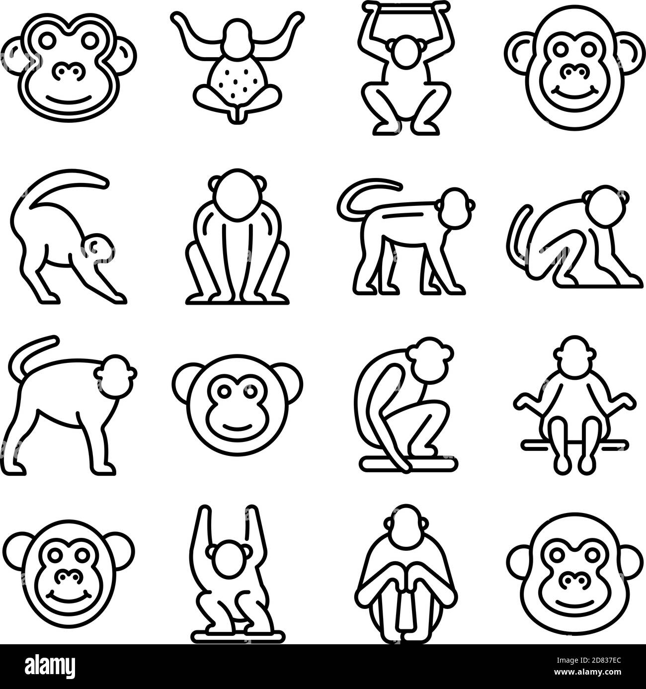 Gibbon icons set. Outline set of gibbon vector icons for web design isolated on white background Stock Vector