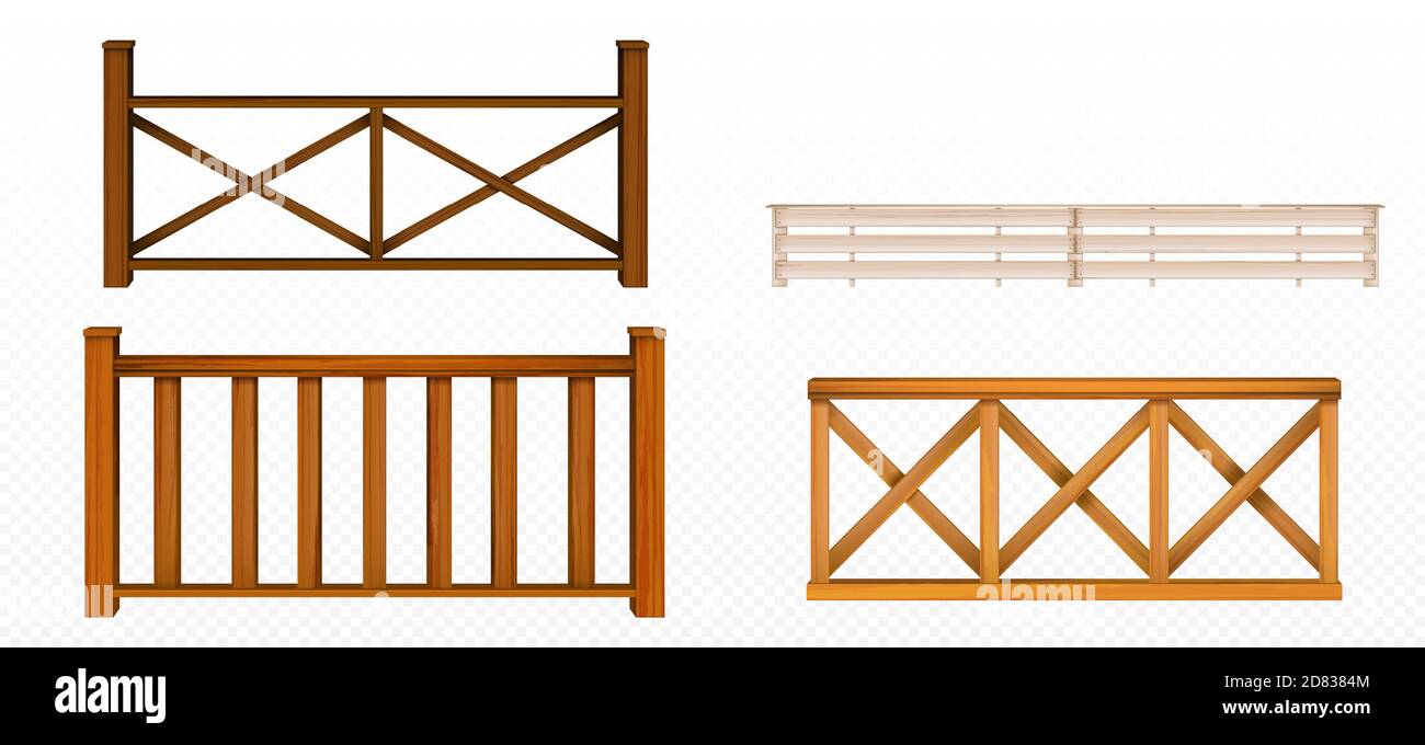 Wooden fences, handrail, balustrade sections with rhombus and grates patterns Balcony panels, stairway or terrace fencing architecture isolated design elements, 3d vector realistic illustration set Stock Vector