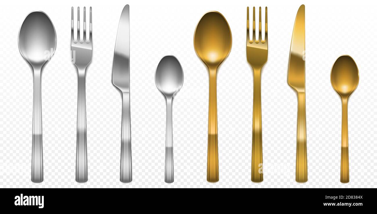 3d cutlery of golden and silver color fork, knife and spoon set. Silverware and gold utensil, catering luxury metal tableware top view isolated on transparent background, Realistic vector illustration Stock Vector