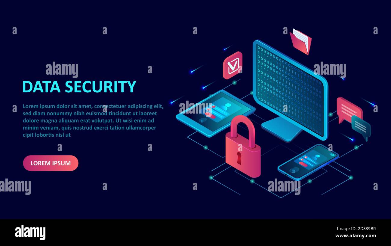 Data internet security and protection concept. Isometric vector of a computer, mobile devices with key lock Stock Vector