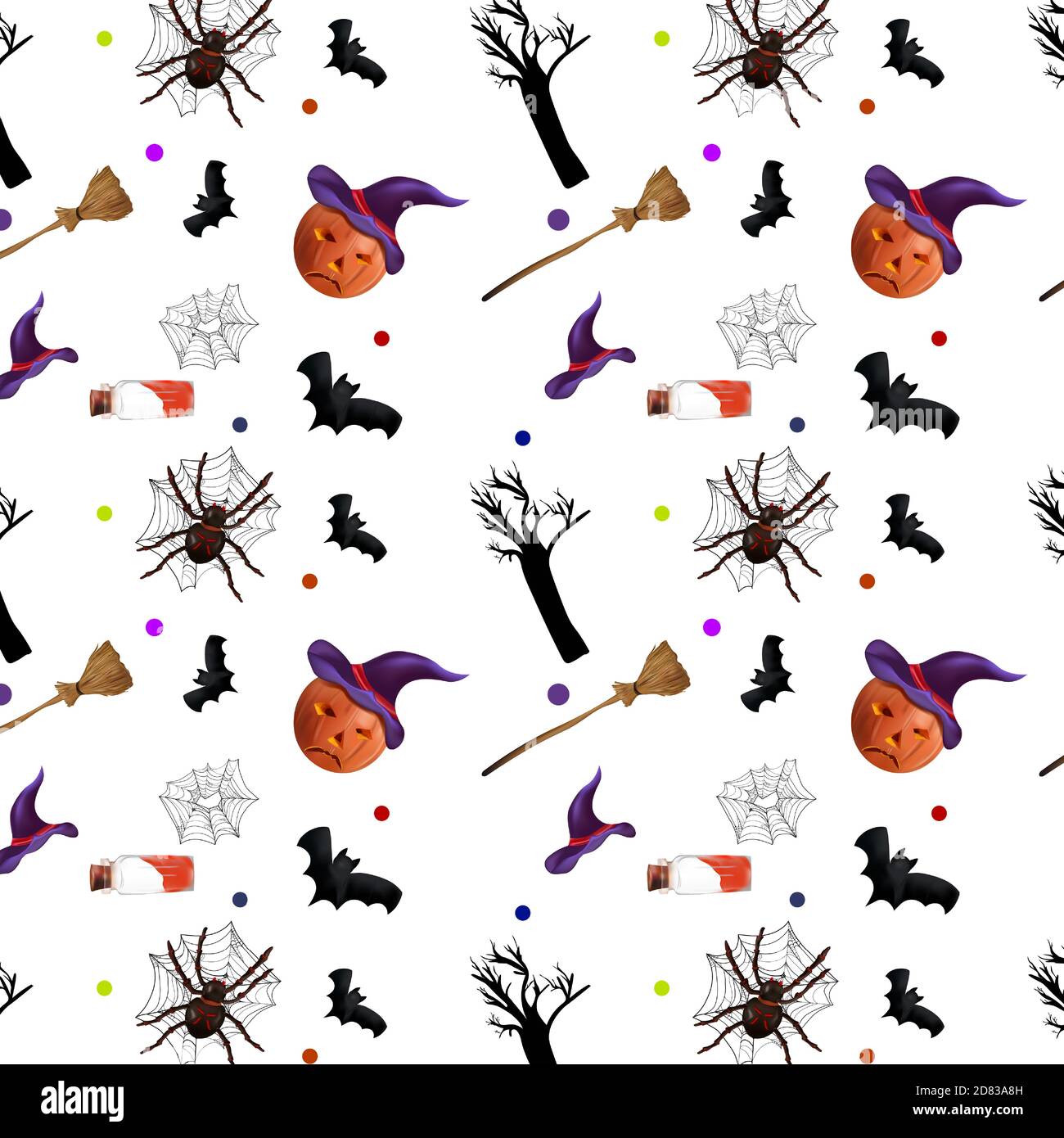 Halloween holiday, seamless pattern with spider, bats, magic potion ...