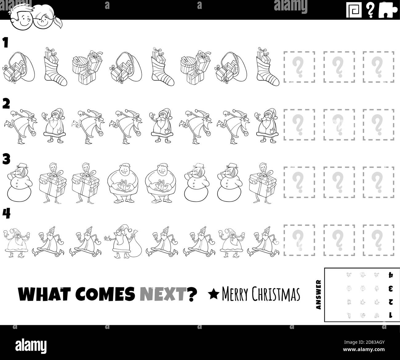 Black and white cartoon illustration of completing the pattern ...