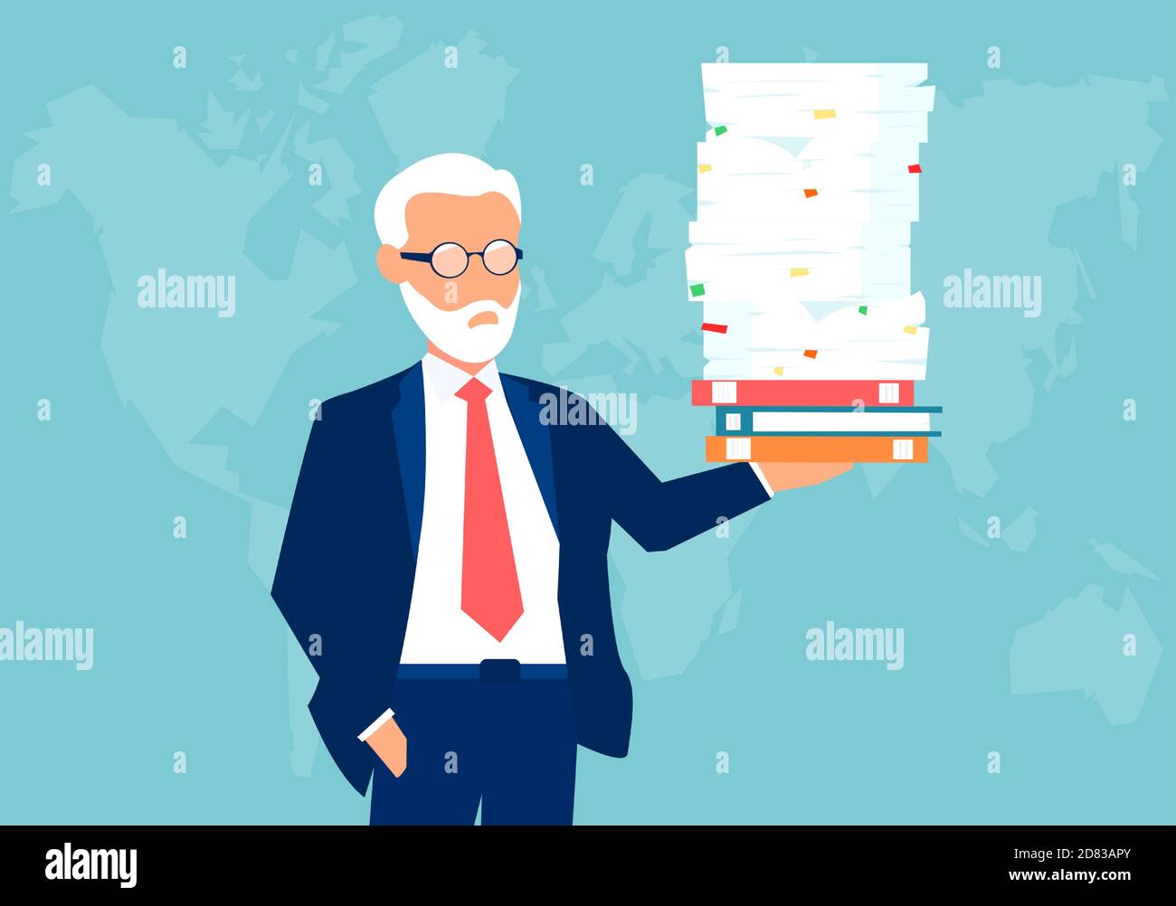 Vector of a senior confident business man holding a pile of paperwork effortlessly with one hand Stock Vector