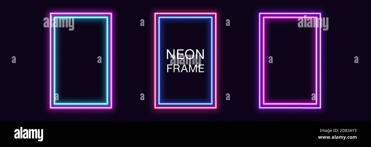 Neon rectangle Frame. Set of rectangular neon Border with double ...