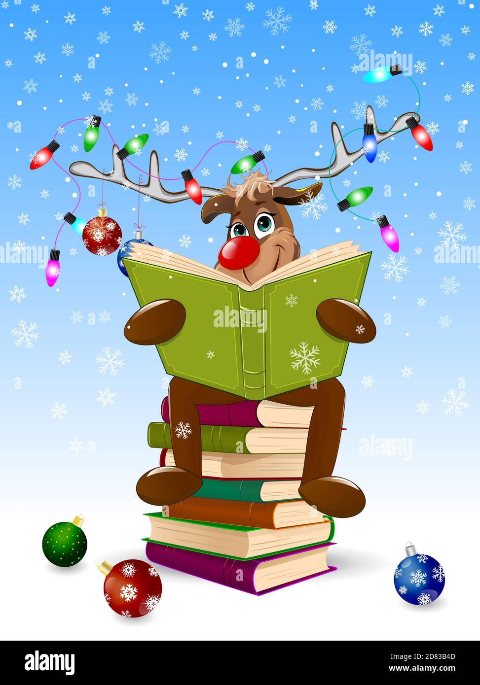 Cartoon deer reads a book for Christmas. A deer with a book and with Christmas decorations on a winter background. A deer is sitting on a stack of boo Stock Vector