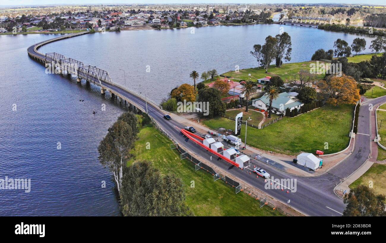 Mulwala, New South Wales / Australia - September 5 2020: Aerial shot of NSW Police border crossing into Mulwala from Victoria Stock Photo