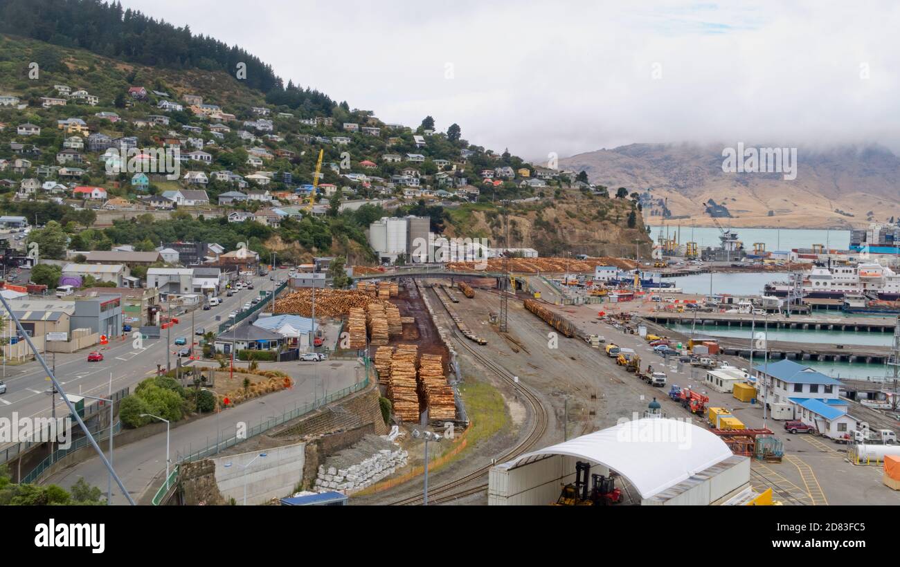 Lyttelton, Canterbury / New Zealand - January 31 2015: The busy Port of Lyttelton on Banks Peninsula Stock Photo