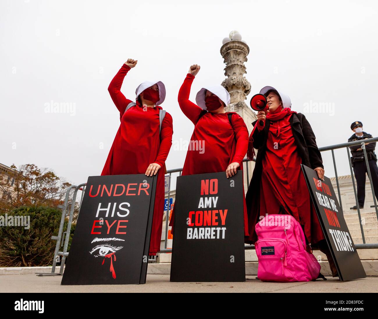 Washington, DC, USA, 26 October,  2020.  Pictured: Women dressed as handmaids from The Handmaid's Tale protest at the Supreme Court against the confirmation of Amy Coney Barrett to replace Ruth Bader Ginsburg following her death.  They believe that she will rule against reproductive, civil, and women's rights, as well as vote to end the Affordable Care Act (Obamacare).  7Credit: Allison C Bailey/Alamy Live News Stock Photo
