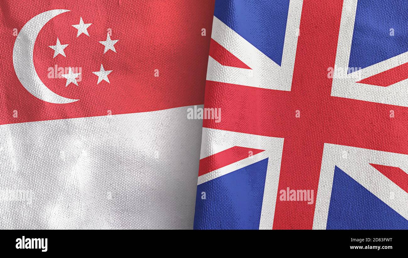 United Kingdom and Singapore two flags textile cloth 3D rendering Stock Photo