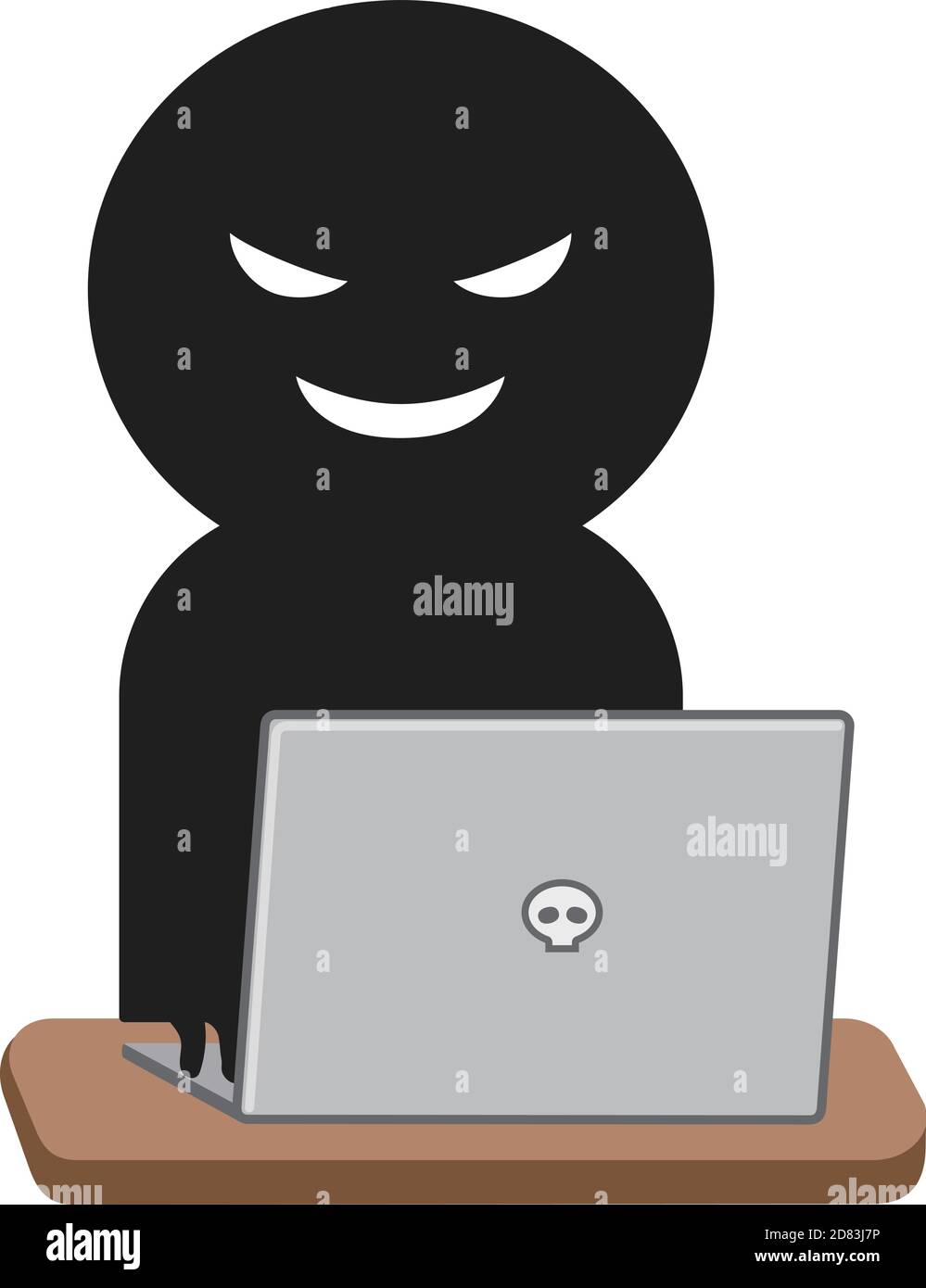 Anonymous human uses a laptop computer for stealing personal data and money. Vector illustration isolated on white background. Stock Vector