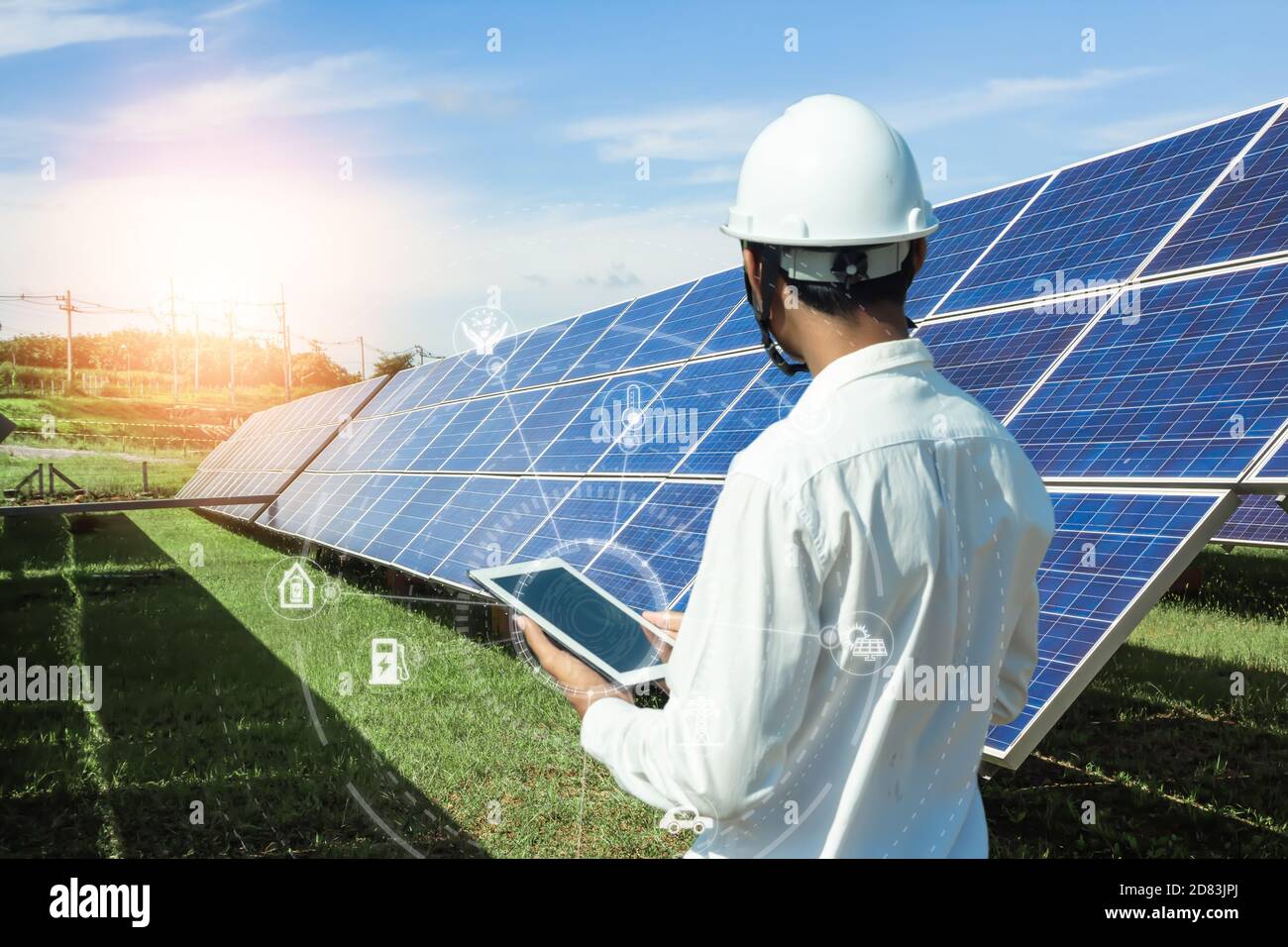 The solar farm(solar panel) with engineers is checking the operation of ...