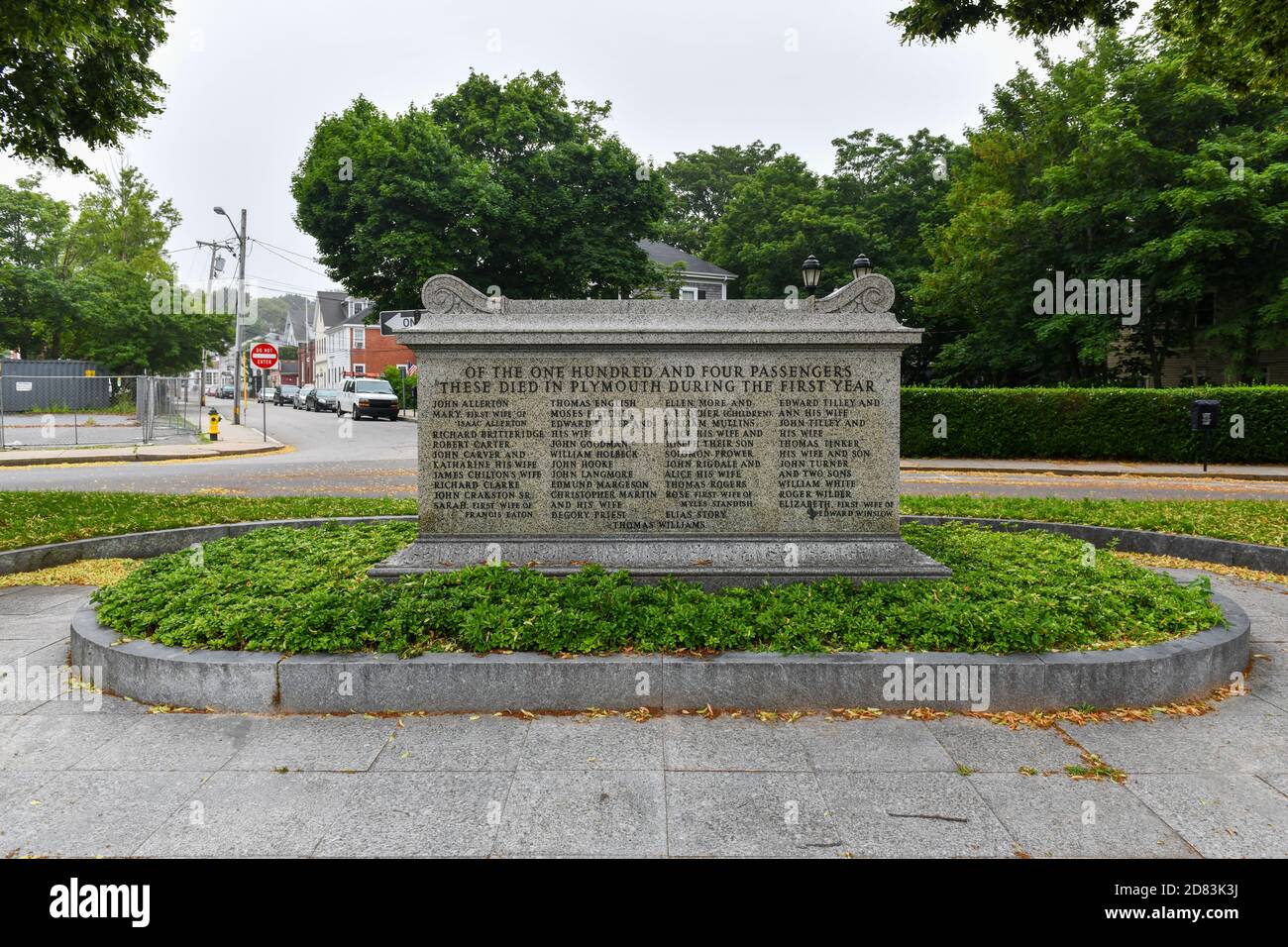 Plymouth, MA - July 3, 2020: Cole's Hill is a National Historic Landmark containing the first cemetery used by the Mayflower Pilgrims in 1620 and acro Stock Photo