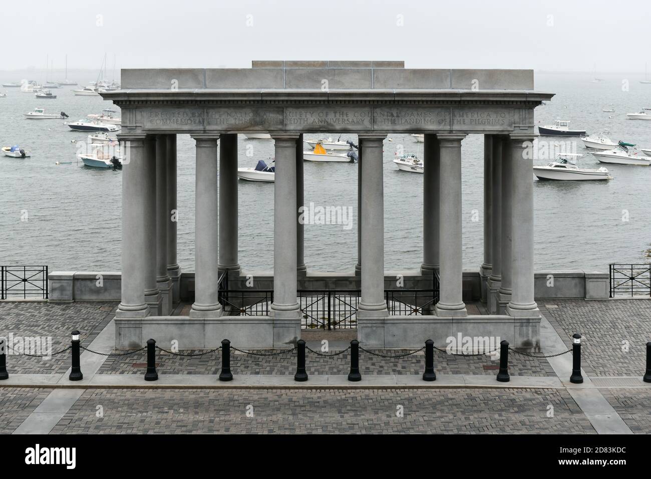 Plymouth, Massachusetts - July 3, 2020: The famous Plymouth Rock, the traditional site of disembarkation of the Mayflower pilgrims in the New World. Stock Photo