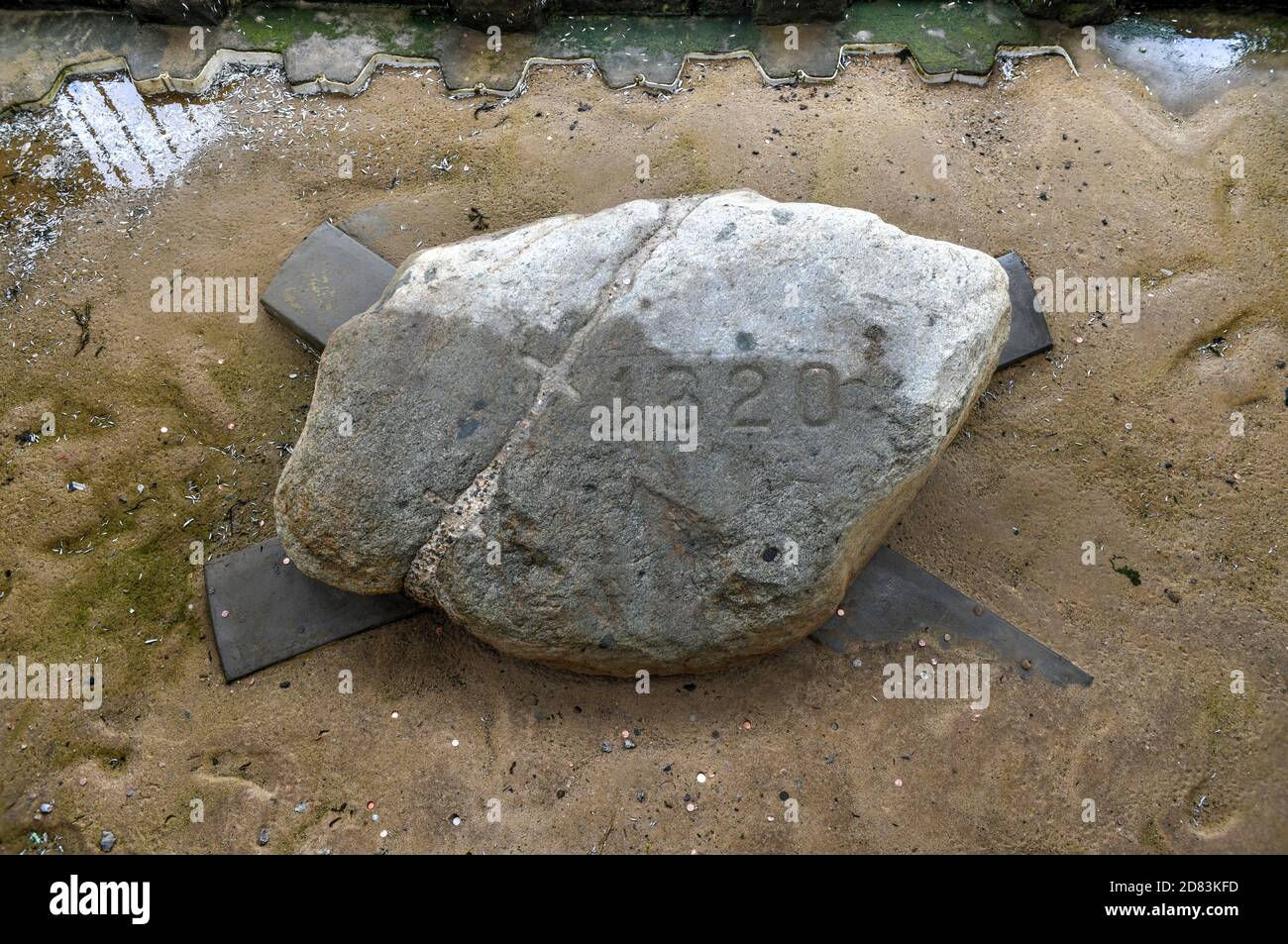 The famous Plymouth Rock, the traditional site of disembarkation of the Mayflower pilgrims in the New World. Stock Photo