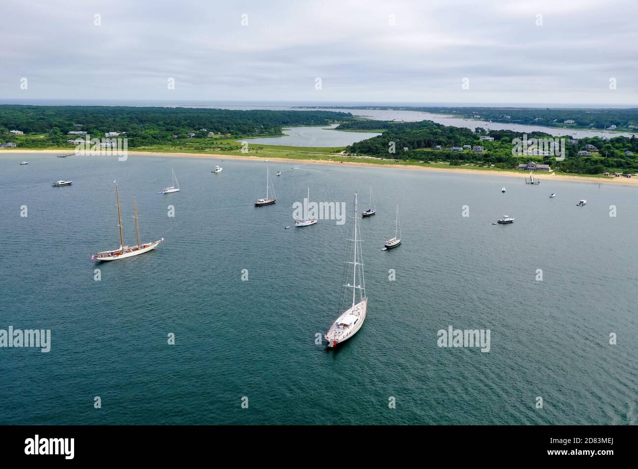 Boats in Edgartown Harbor and Katama Bay, Martha's Vineyard, Massachusetts, USA. Stock Photo