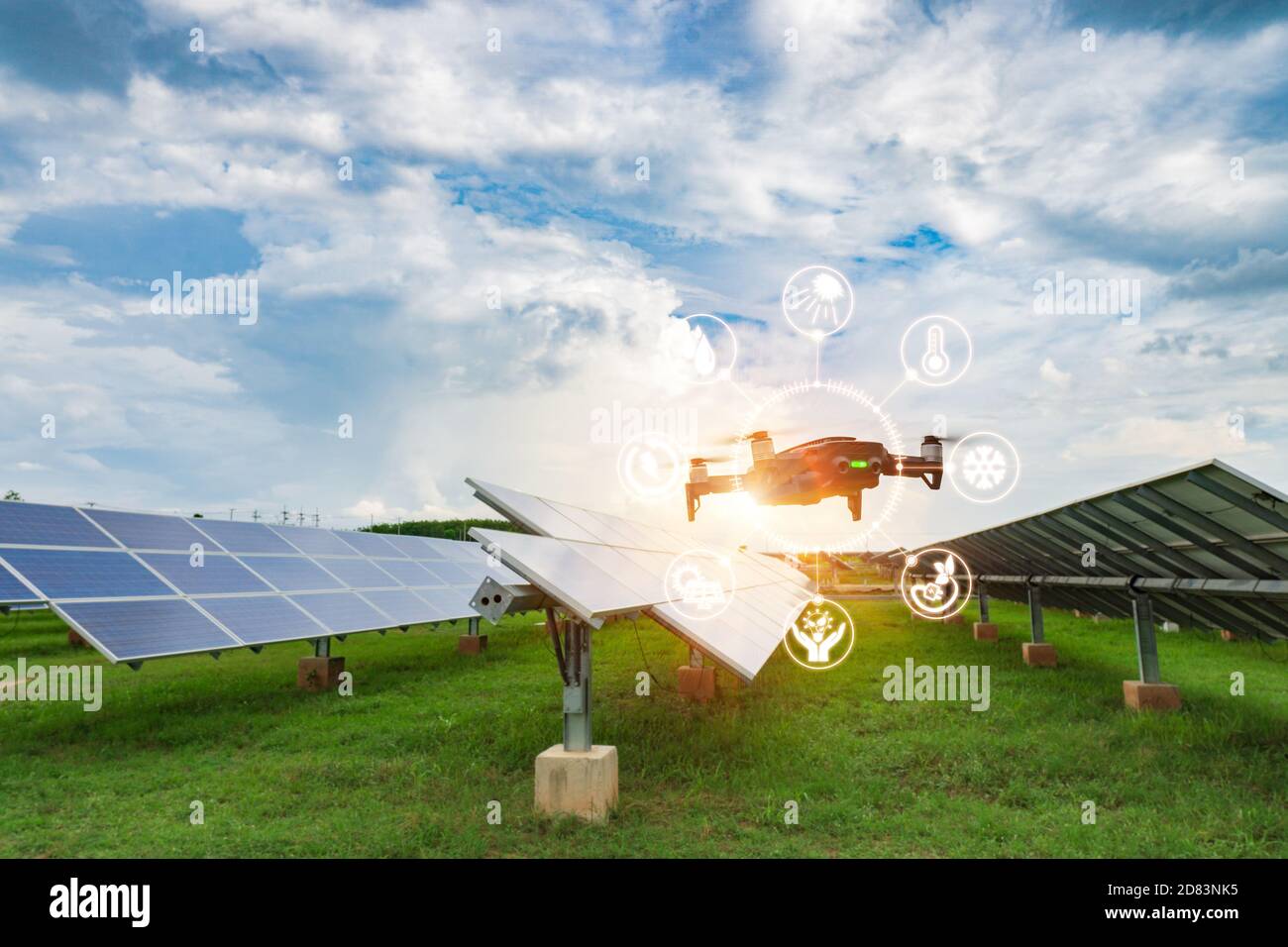 Engineers use the IR Scanner installed on the drone for use in flight, check the performance of solar cells and detect hot spots that are a cause of s Stock Photo