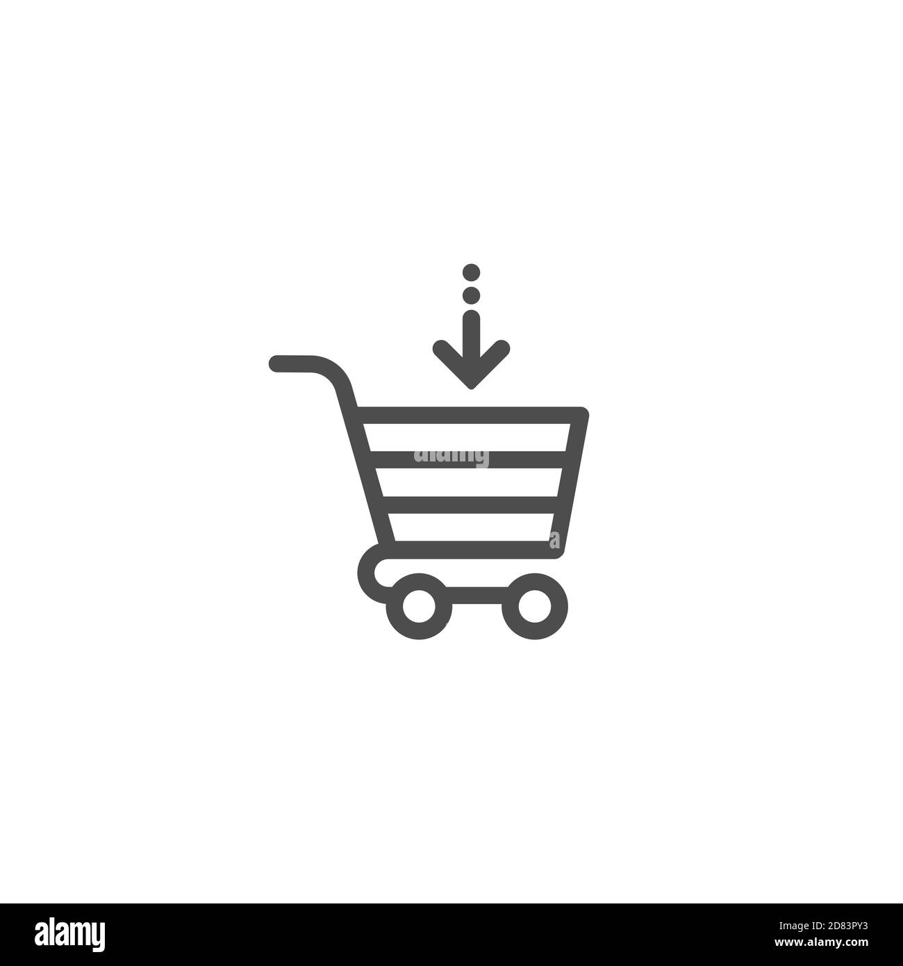 black shopping cart with black down arrow sign. Simple icon isolated on white background. Store trolley. Flat vector Illustration. Good for web and mo Stock Vector