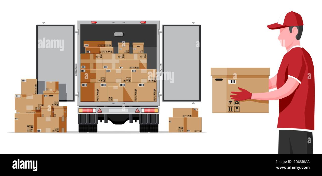 Truck trailer rear view loaded with cardboard boxes. Delivery van with pile of boxes. Express delivering services commercial truck. Fast and free delivery. Cargo logistic. Flat vector illustration Stock Vector